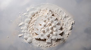 Christmas tree on flour background. White flour looks like snow. Top view