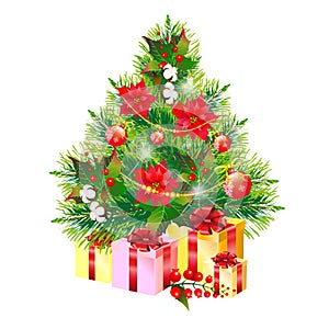 Christmas tree with flowers,on a white