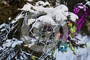 Christmas tree in the forest decorated with sweets and a garland and a blue ball and branches of fir covered with snow.