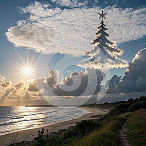 Christmas Tree Formed in the Sky with Clouds and Sun