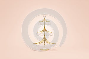 Christmas tree fragile gold wire decoration hanging ball crystal glass. Graceful toy concept design beige background. Elegant