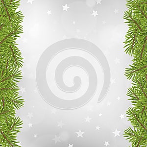 Christmas tree frame on blurred silver star background