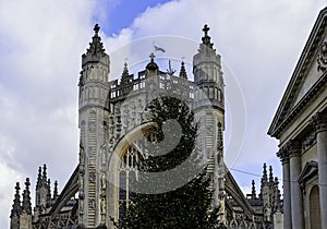 Christmas tree in front of Bath Abbey in Bath, Somerset, UK