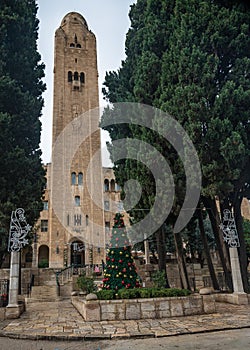A Christmas tree in front of the Jerusalem YMCA