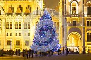 Christmas Tree In Front Off Parliament Building, At Kossuth Square, Budapest, Hungary