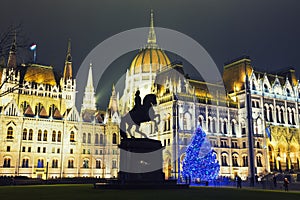 Christmas Tree In Front Off Parliament Building, At Kossuth Square, Budapest, Hungary