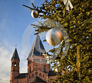 christmas tree in front of St. Martins cathedral in Mainz, Germany