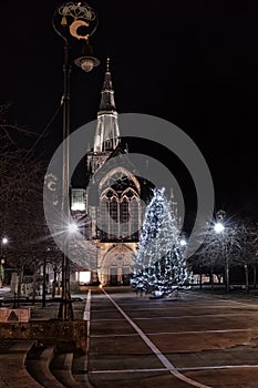 Christmas tree in front of St Mungo`s cathedral in Glasgow, Scot