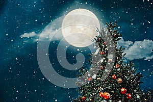 Christmas tree with full moon background in winter.