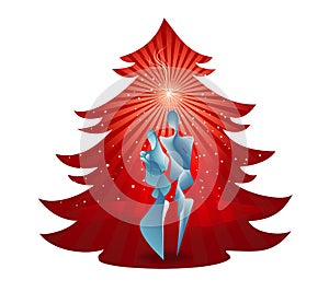 Christmas tree nativity scene with holy family on red background. Bethlehem