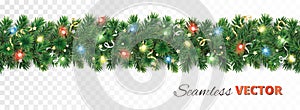 Christmas tree garland isolated on white. Realistic pine tree branches with Christmas lights decoration.