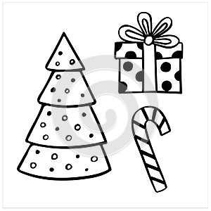 Christmas tree and gift box and candy stick, set of simple hand drawn vector illustrations in doodle style