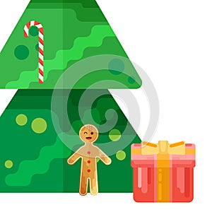 Christmas tree with gift box card in creative flat style. Vector illustraton for web, print, holiday design