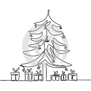Christmas tree and gift box continuous one line drawing. Christmas pine fir tree decoration for celebration christmas party