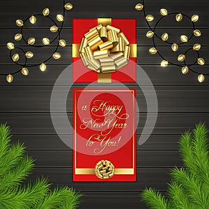 Christmas tree, gift box, garland, gold ribbon bow