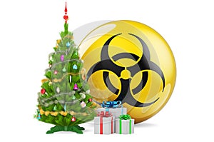 Christmas tree and gift boxes with bio hazard sign, 3D rendering