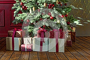 Christmas tree with gift boxes, , Christmas interior