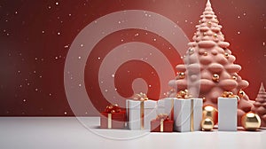 Christmas tree with gift boxes on a red background. 3d rendering, Generatives AI illustrations