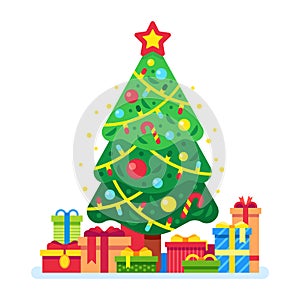 Christmas tree and gift boxes. Xmas present under green fir trees, gifts box with ribbon. Holidays presents vector flat