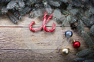 Christmas Tree and gift decorations on old grunge wooden background copy space