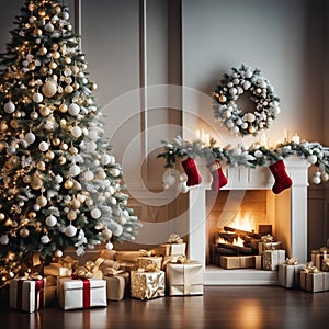 Christmas tree giftboxes fireplace decoration, AI generated image