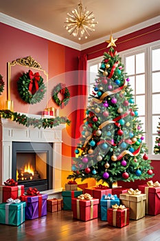 Christmas tree with gifts around in house, colorful decorations, balls, star, laurel wreath on wall, fireplace, Beautiful Tree