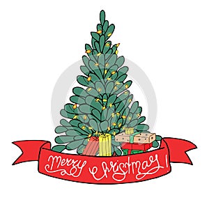 Christmas tree and gifts and banner in cartoon style on a white background.