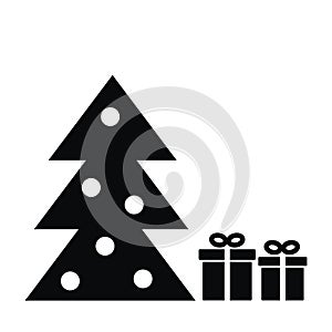 Christmas tree and gifts, black and white vector icon