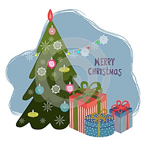 Christmas tree with gifts. Cartoon flat vector illustration Isolated on a white background. Happy New Year, Merry