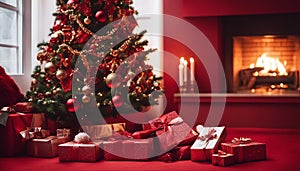 christmas tree and gifts Christmas tree and holidays present on fireplace red background