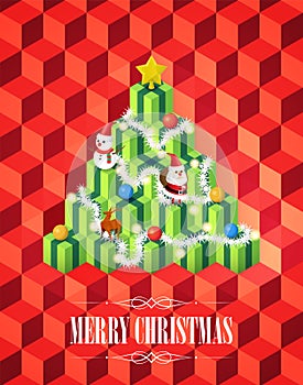 Christmas tree with gifts concept, Isometric Cubes style on red background, vector