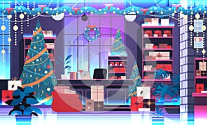 christmas tree and gifts in decorated cabinet new year holiday celebration concept office interior horizontal