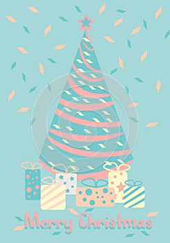 Christmas tree with gifts. Happy New Year. Cartoon vector pastel color