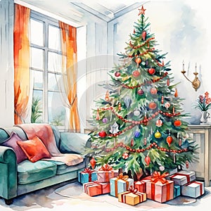 Christmas tree with gifts in the living room in a watercolor style 3