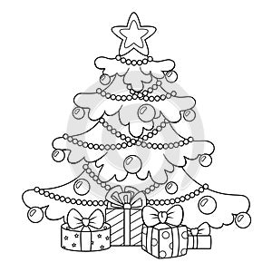 Christmas tree with gifts. Merry Christmas and Happy New Year greeting card template. Black and white vector illustration for colo