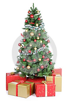 Christmas tree gifts present decoration golden balls isolated on