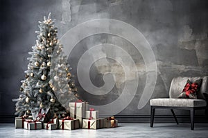 Christmas tree with gifts and presents in grunge interior. Copy-space on concrete wall