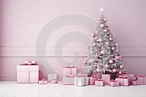 Christmas tree with gifts and presents in pink toy style