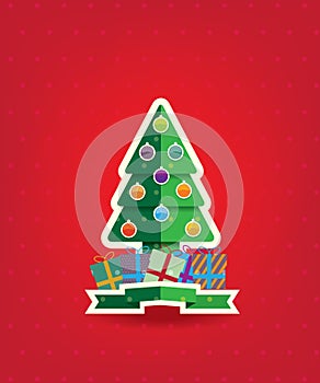 Christmas tree and gifts on red background