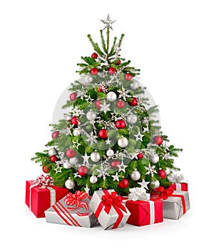 Christmas tree and gifts, in red and silver