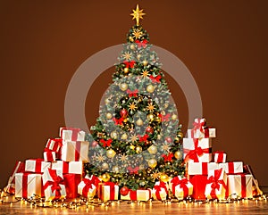 Christmas Tree with Gifts in room. Big Stack of White Presents with Red Ribbon. Gift Boxes next to Xmas Tree decorated with Golden