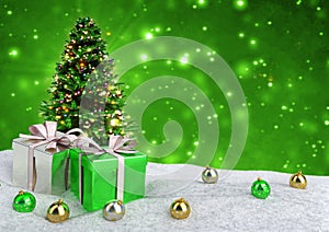 Christmas tree and gifts in snow on bokeh green background. 3D illustration