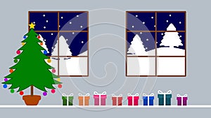 Christmas tree with gifts and snow falling with santa on his sleigh - animation