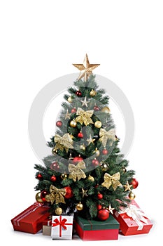 Christmas tree and gifts on white