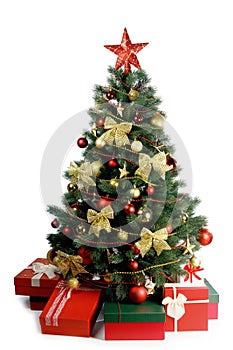 Christmas tree and gifts on white