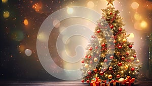 Christmas tree and gifts on a wooden background with bokeh, Christmas Tree With Baubles And Blurred Shiny Lights, AI Generated