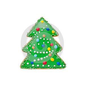 Christmas tree gingerbread, winter cookie decorated, isolated on white