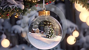 Christmas tree with a glass ball on a snowy background photo