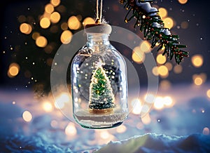 Christmas tree in glass jar hanging on a pine tree with snow falling and beautiful twinkling lights of Christmas night.