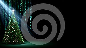 Christmas tree with glowing lights and data stream matrix code on dark background for digital holiday concept.